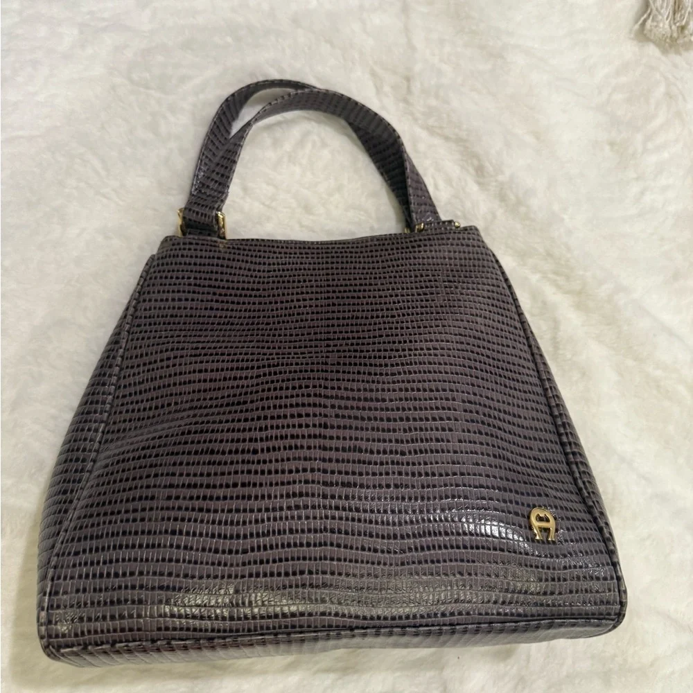 Etienne Aigner Brown Satchel with Structured Shape and Gold Accents